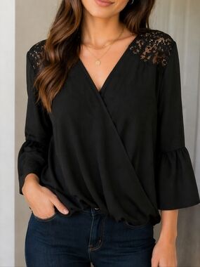 IMNYC Black Lace Crossover Blouse Bell Sleeve Wrap Top Elegant Chic Evening
